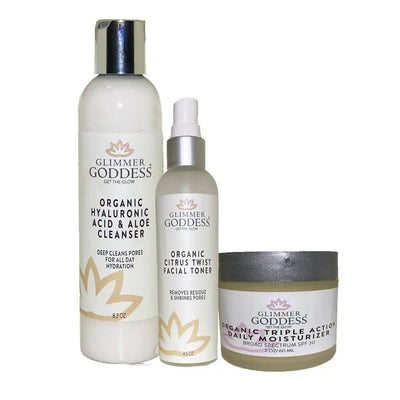 Glimmer Goddess Organic Age Defense Trio – Cleanse, Hydrate & Protect - Made in USA
